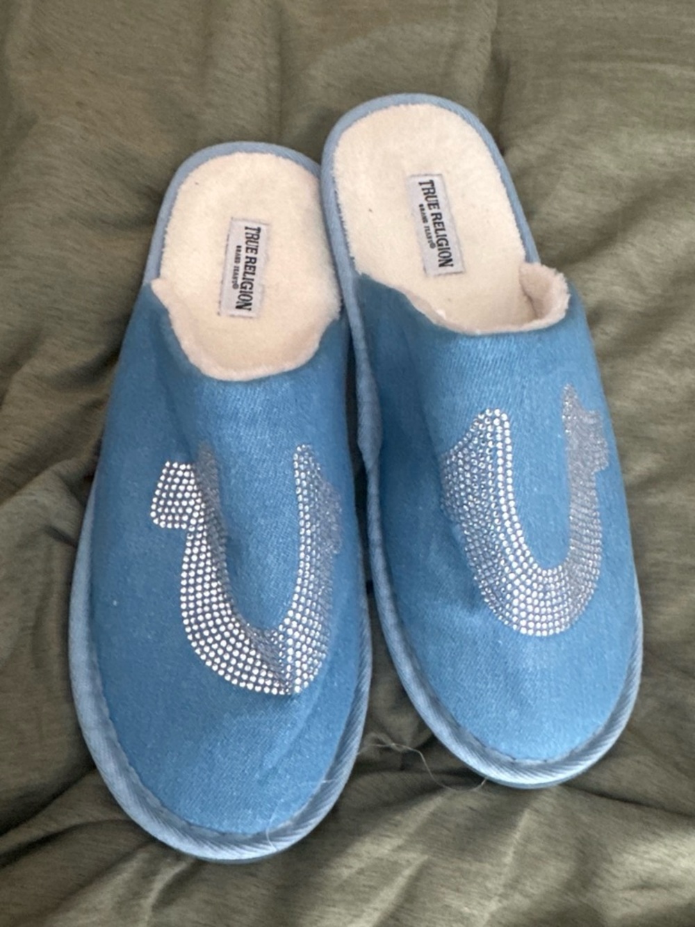 True Religion Light Blue Rhinestone Logo Slip-On Mule Slippers